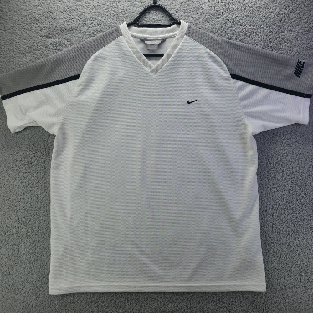 Vintage Nike Mens V-Neck Mesh Athletic Shirt White Grey XXL Short Sleeve Y2K